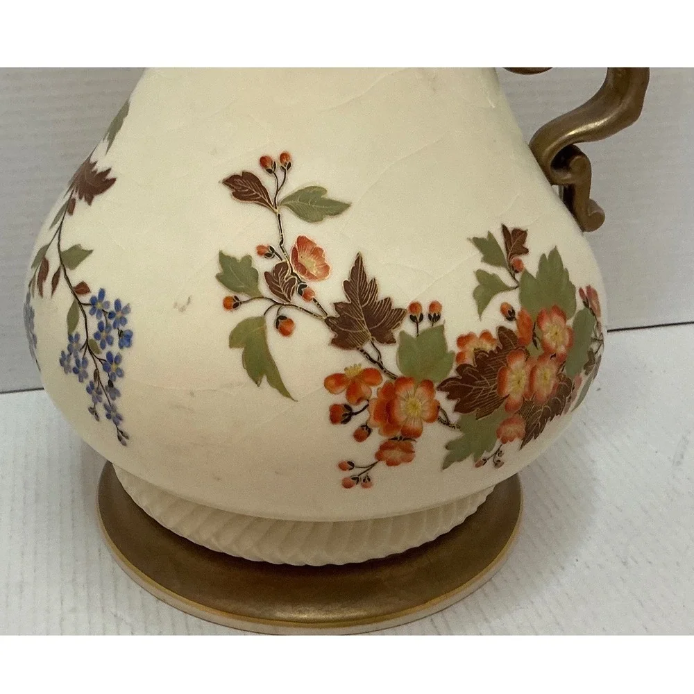 Carlsbad Vintage Porcelain Pitcher Floral Gold Handle Art Nouveau Vase 12.5in